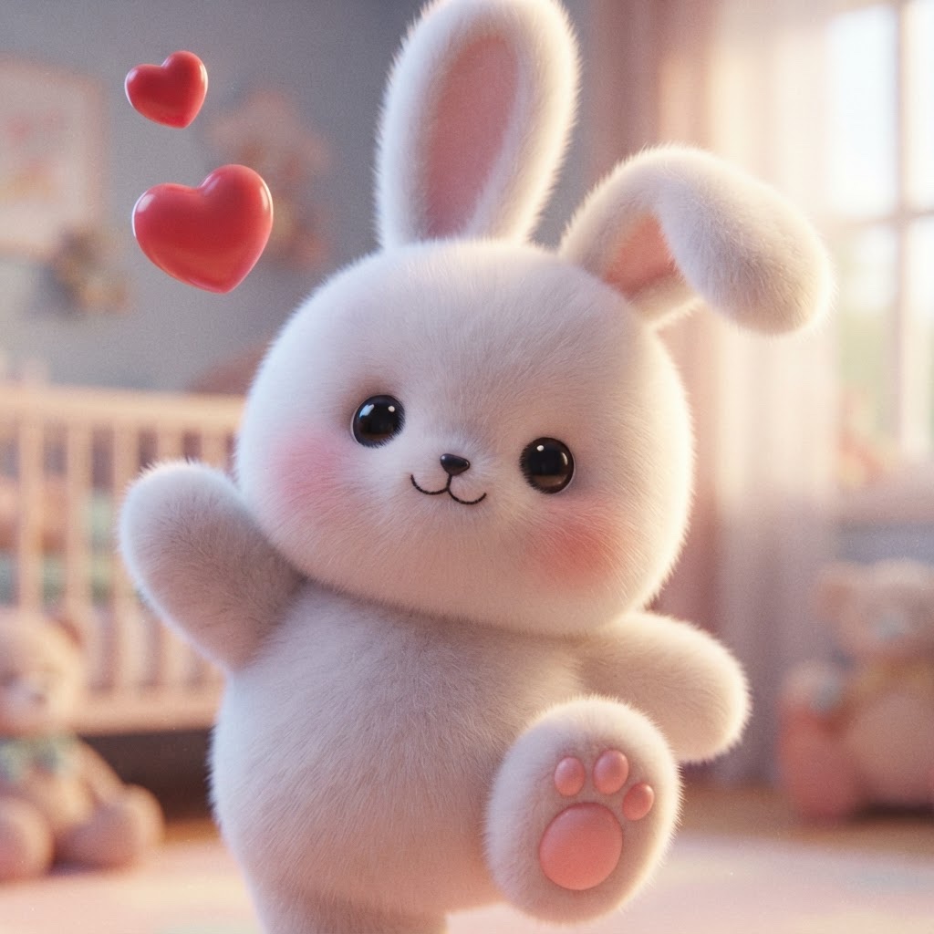 A fluffy plush bunny waving with two red hearts in a soft nursery
