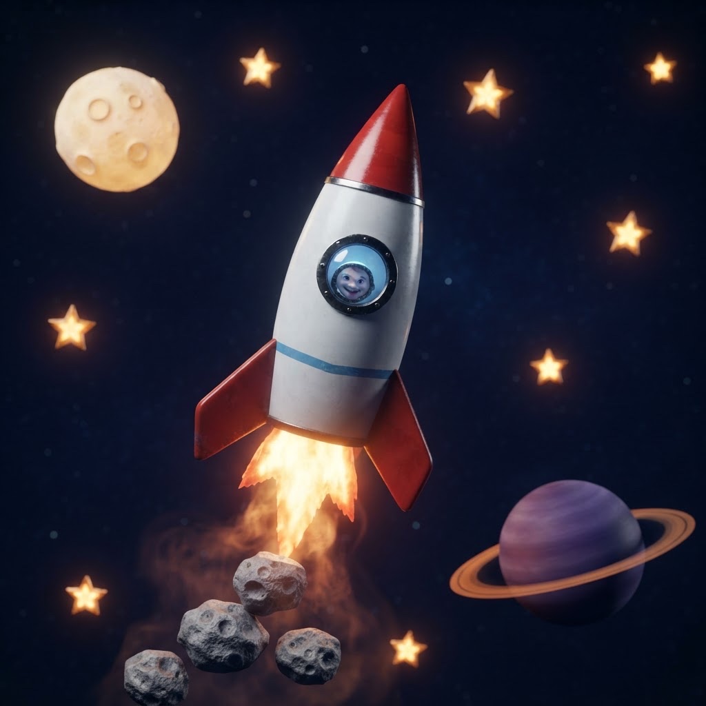 A 3D-rendered red and white rocket blasting through space past a moon and a ringed planet