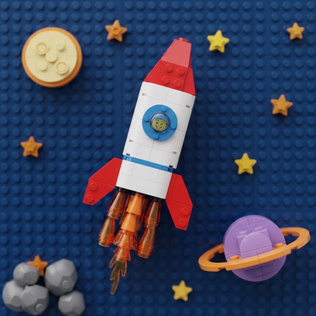 A rocket, moon, planet and stars built from toy bricks on a blue baseplate